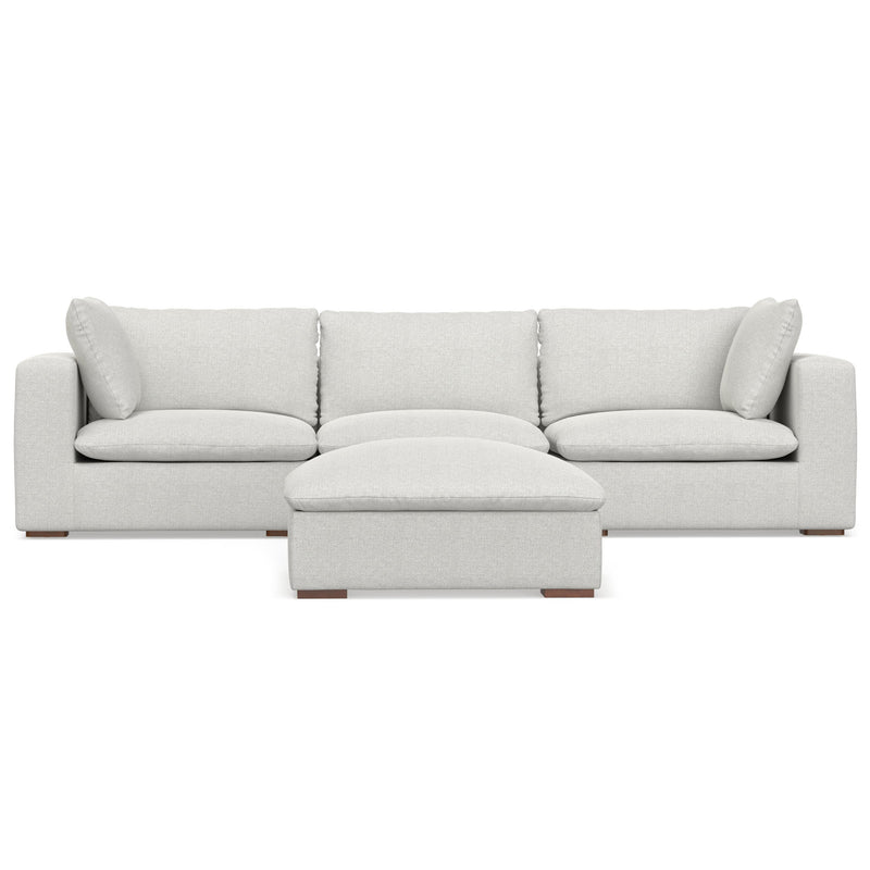 Simpli-Home Jasmine handcrafted sofa and ottoman set in a modern living room with neutral upholstery and stylish design.