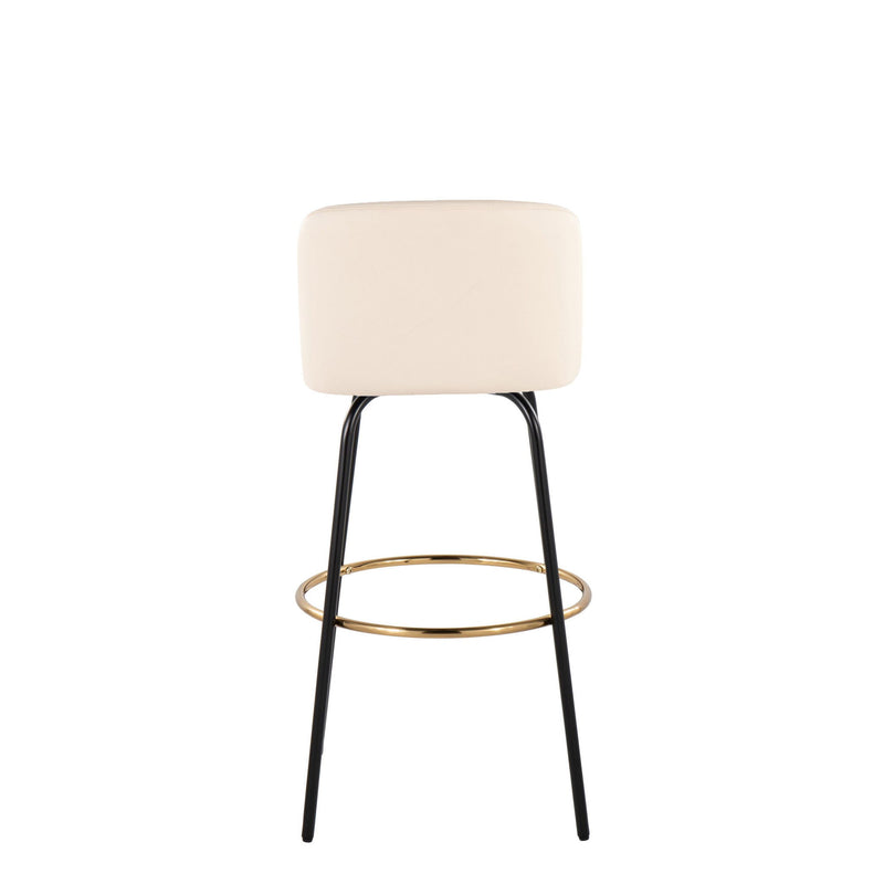 Lumi Source Toriano contemporary fixed height barstools set with swivel seats and round footrests, shown in a modern kitchen setting.