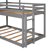 DreamHaus wooden bunk bed with roof, window, guardrail, and ladder, showcasing a sturdy multi-tiered design for kids' bedroom.