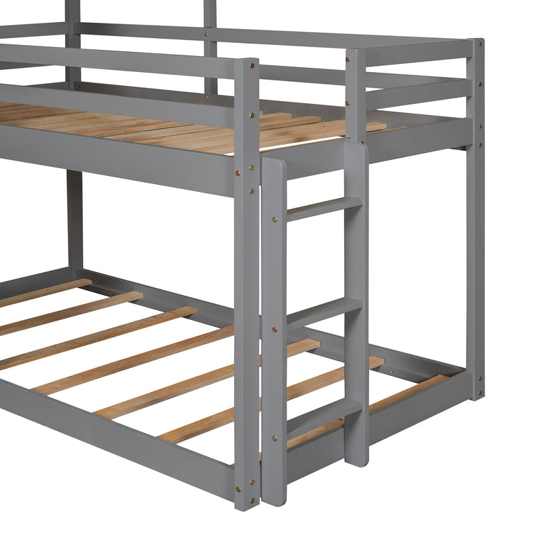 DreamHaus wooden bunk bed with roof, window, guardrail, and ladder, showcasing a sturdy multi-tiered design for kids' bedroom.