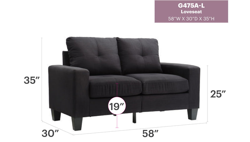 Glory Furniture Newbury track arm loveseat in cozy living space, stationary sofa with plush cushions and modern design.