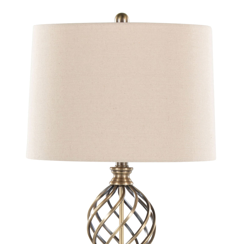 Lumi Source Linx Twist contemporary table lamp set in antique soft brass and white finish, with sleek modern design.