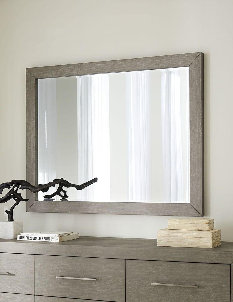 Modus Melbourne beveled glass mirror in mineral finish, standalone wall mirror with elegant beveled edges and modern design.