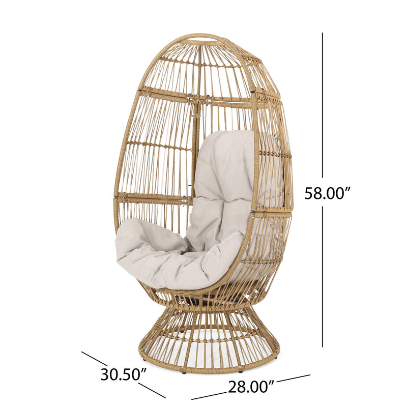Noble House patio swivel basket egg chair with cushion, outdoor accent chair featuring a woven basket design and plush seating.