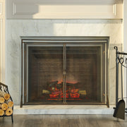 Noble House Samantha iron fireplace screen with two door design, decorative black metal mesh for safety and style in a living room.
