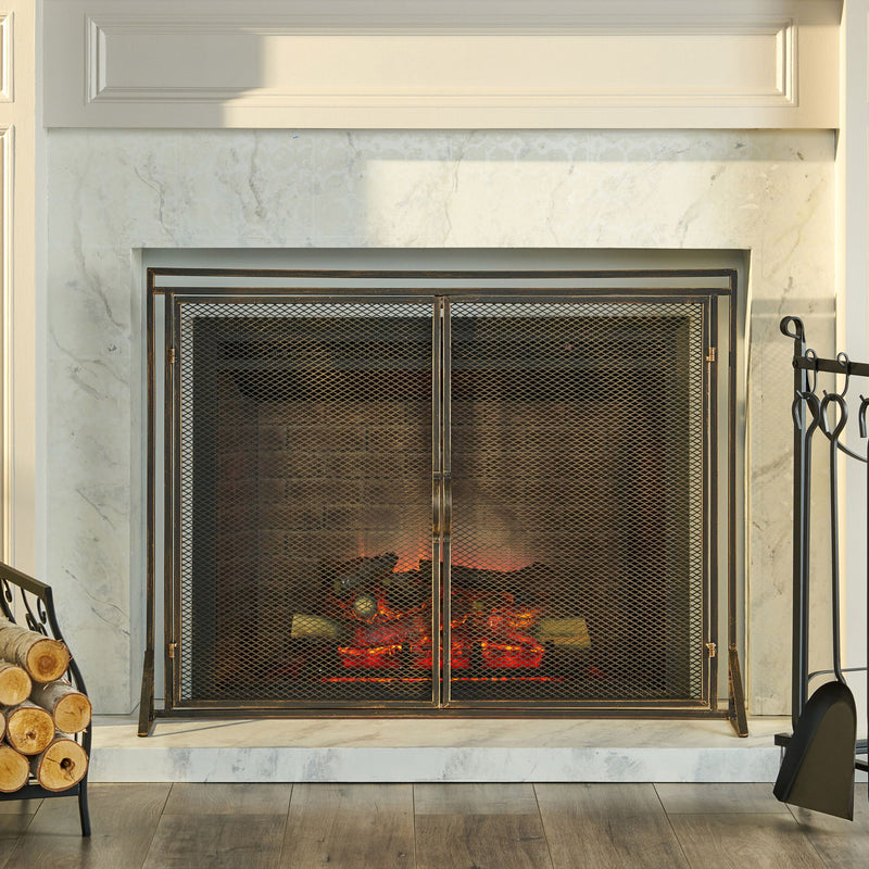 Noble House Samantha iron fireplace screen with two door design, decorative black metal mesh for safety and style in a living room.