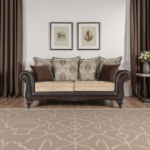 Brookridge - Rolled Arm Sofa With Ornate Details And Mixed Upholstery - Brown