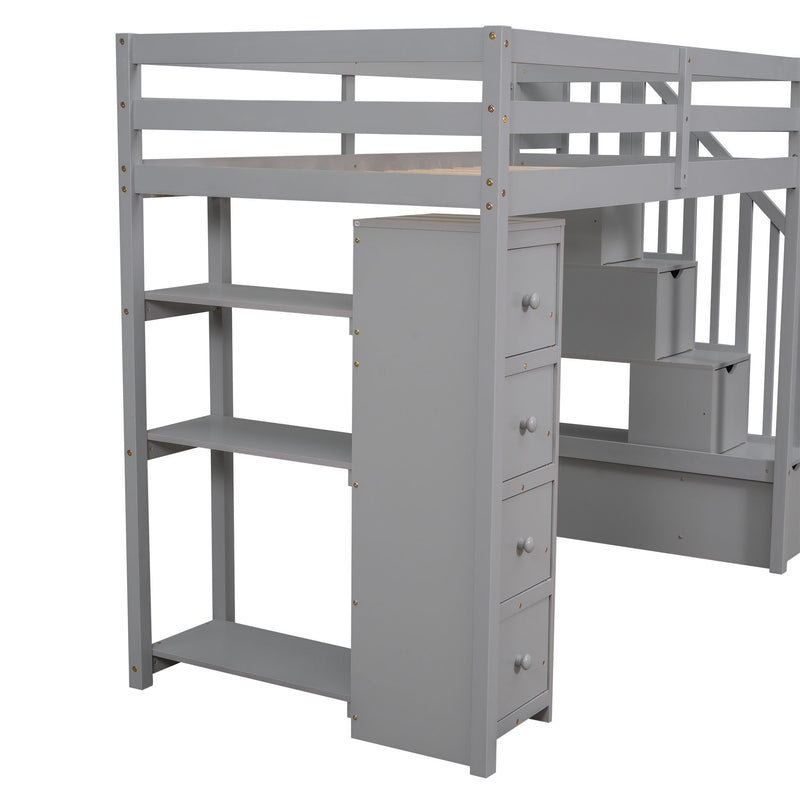 DreamHaus loft bed with built-in storage drawers, stairs with shelves, and a sturdy frame perfect for space-saving bedroom design.