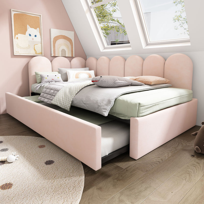 Artistry At Home upholstered daybed with a metal slatted base, featuring plush fabric and a modern design.