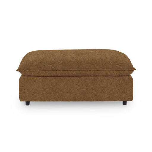 Classic Home Caplan upholstered ottoman with a cushioned top and wooden legs, ideal for living room or bedroom decor.