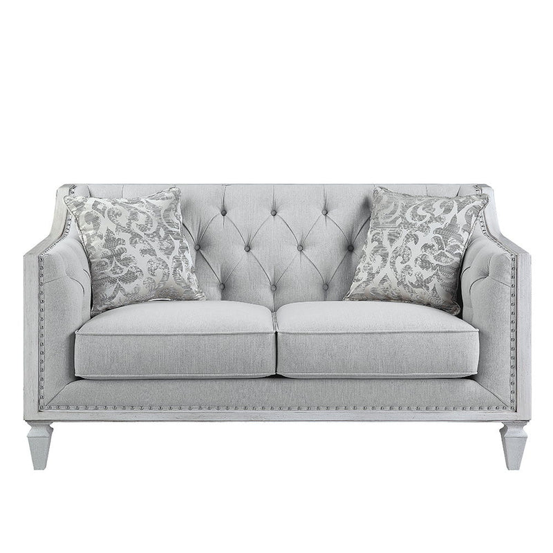 Katia - Loveseat With 2 Pillows - Light Gray Linen & Weathered White - R&R Furniture Gallery (Fountain Valley, CA)