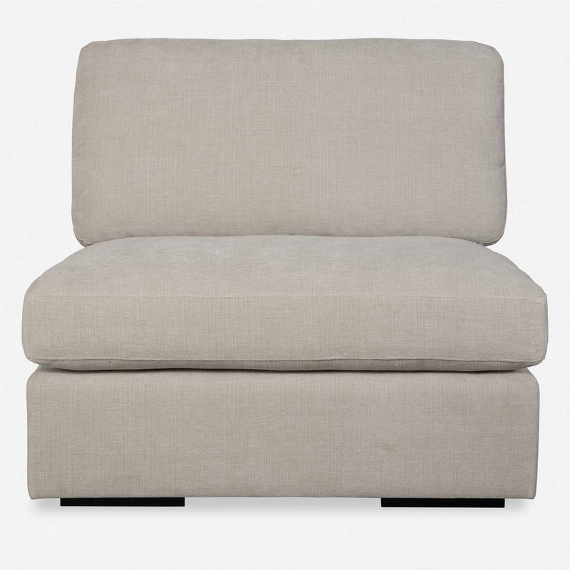 Uttermost Refuge armless stationary sofa with plush fabric and modern design, shown in a stylish living room setting.