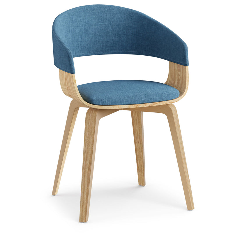 Simpli-Home Lowell mid-century modern bentwood arm dining chair with wooden frame and curved backrest.