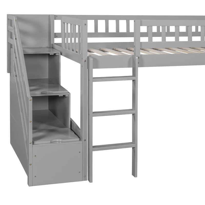DreamHaus loft stairway bed with two drawers, convertible ladder, and slide, showcasing a modern children's bedroom setup