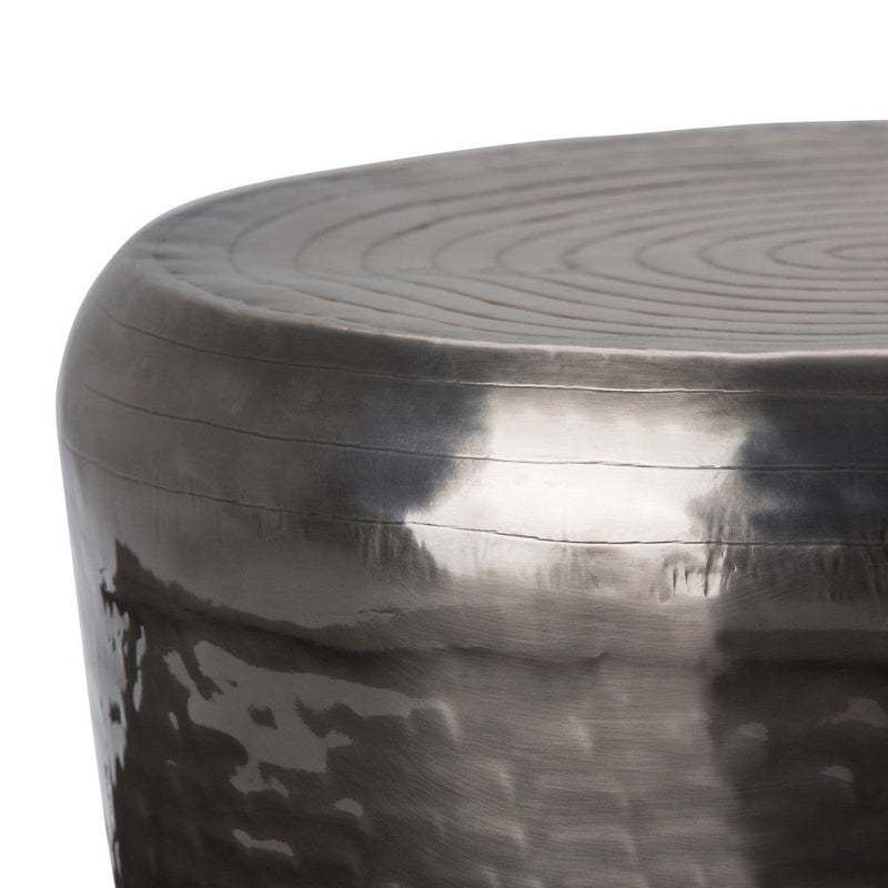 Antique silver metal accent table by Simpli-Home with a sleek round top and modern design.