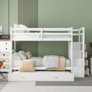 White DreamHaus twin over twin bunk bed with staircase and trundle, showcasing the sturdy frame and space-saving design.