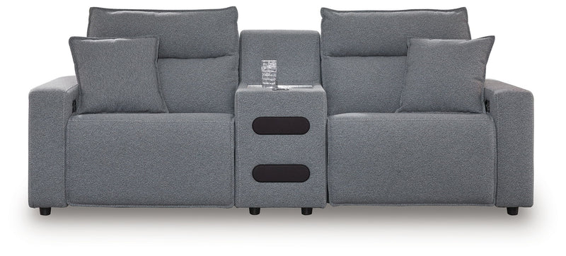 Signature Design by Ashley Modmax II reclining sectional in salt and pepper upholstery, featuring plush cushions and reclining seats.