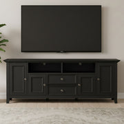 Simpli-Home Amherst wide TV media stand with open shelves and storage cabinets in dark wood finish