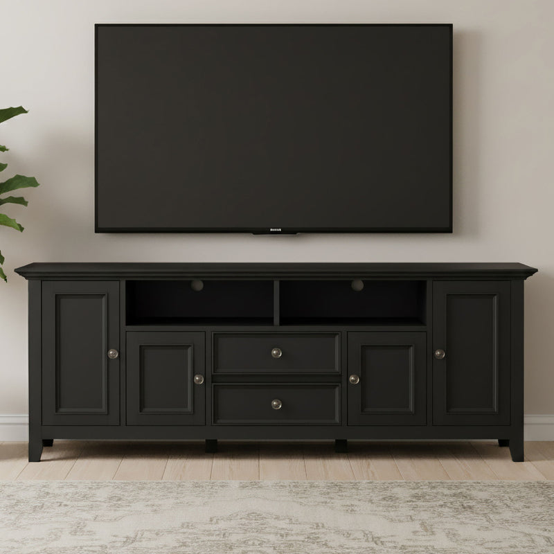 Simpli-Home Amherst wide TV media stand with open shelves and storage cabinets in dark wood finish