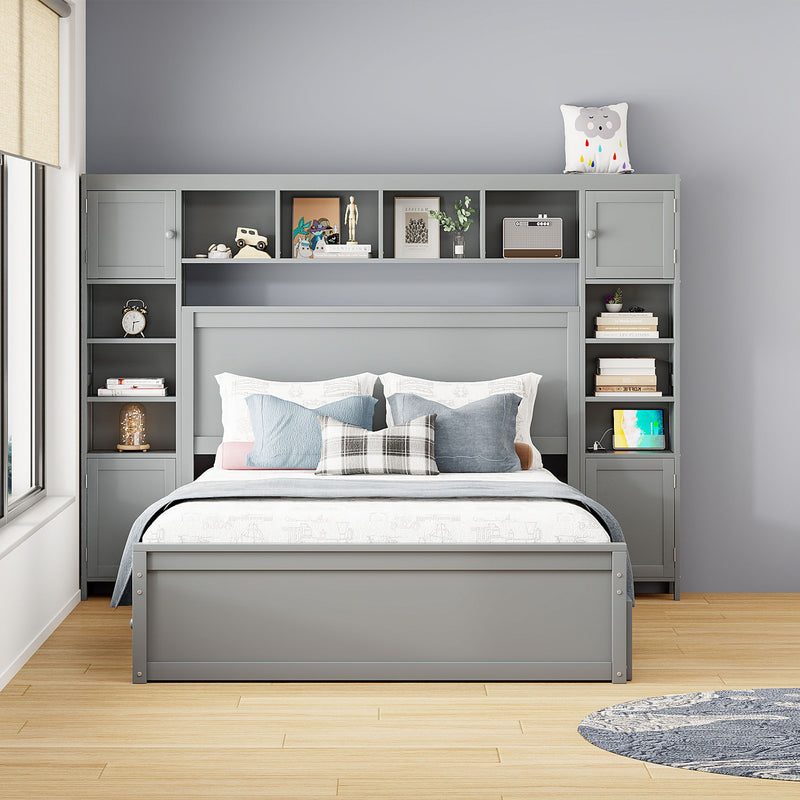DreamHaus twin bed with integrated cabinet, shelf, and sockets, featuring a long trundle for versatile storage and sleeping space.