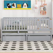 DreamHaus storage daybed with fence guardrails, two drawers, and split design for independent floor bed and daybed use.