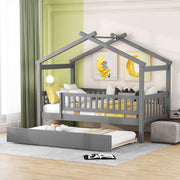 DreamHaus Creativity House Bed with twin-size trundle, featuring colorful house-shaped design and sturdy wooden construction.