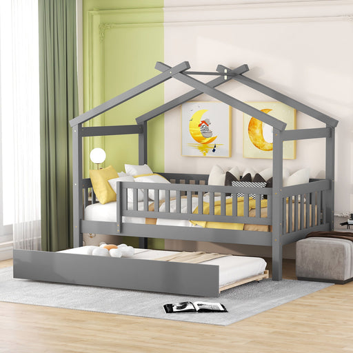 DreamHaus Creativity House Bed with twin-size trundle, featuring colorful house-shaped design and sturdy wooden construction.