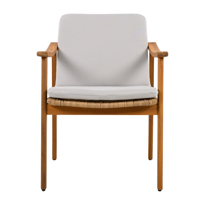 Set of two Noble House outdoor dining chairs with metal frames and woven rattan seats, perfect for patio or garden seating.