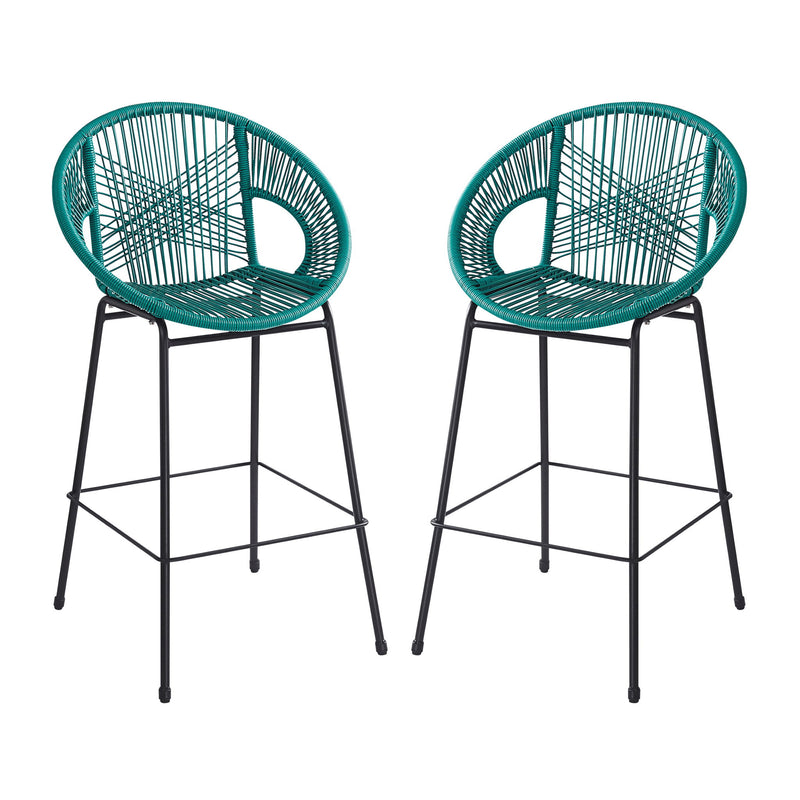 Noble House Ferrara outdoor patio barstool set of 2 with metal frames and woven seats, ideal for outdoor dining and lounging.