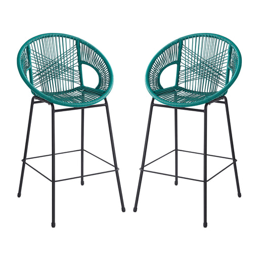 Noble House Ferrara outdoor patio barstool set of 2 with metal frames and woven seats, ideal for outdoor dining and lounging.