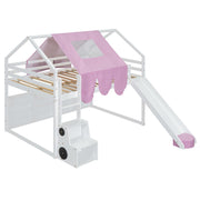 DreamHaus loft bed with house-shaped frame and attached tent, featuring a cozy play area beneath the elevated sleeping space.