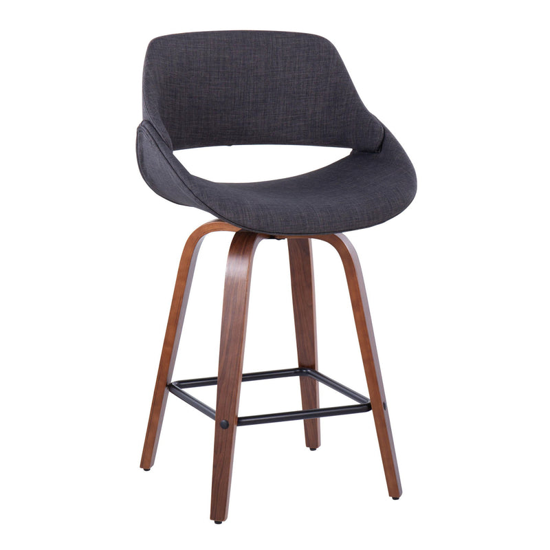 Lumi Source Fabrico mid-century modern counter stool set with wooden legs and upholstered seats, perfect for kitchen or bar area.