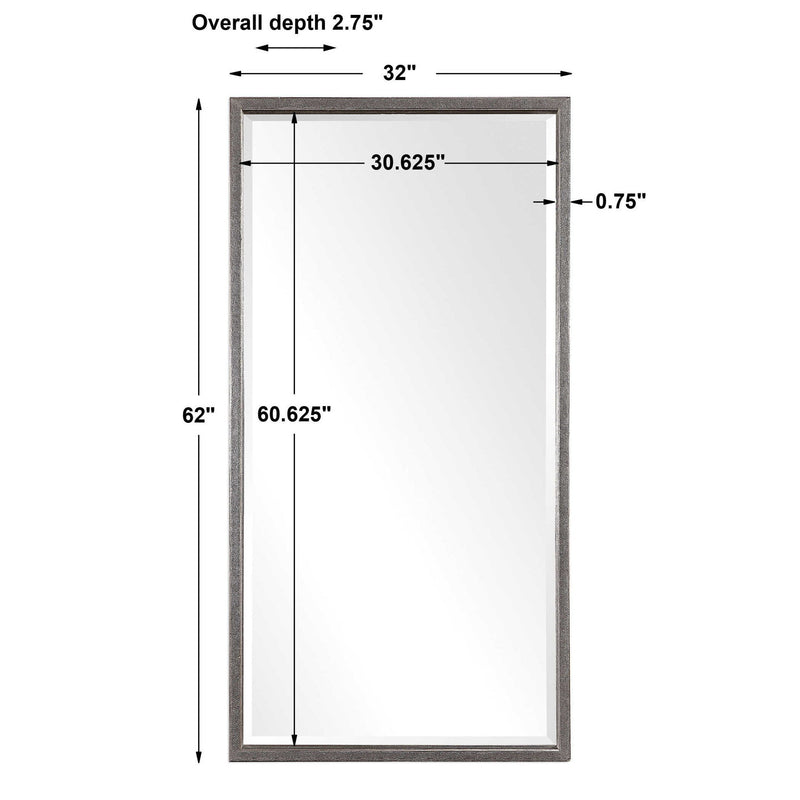 Uttermost Gabelle metallic silver wall mirror with a sleek, modern frame reflecting light and adding contemporary style.