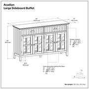 Large brown Acadian sideboard buffet by Simpli-Home with multiple drawers and cabinet doors, modern storage furniture for dining room.
