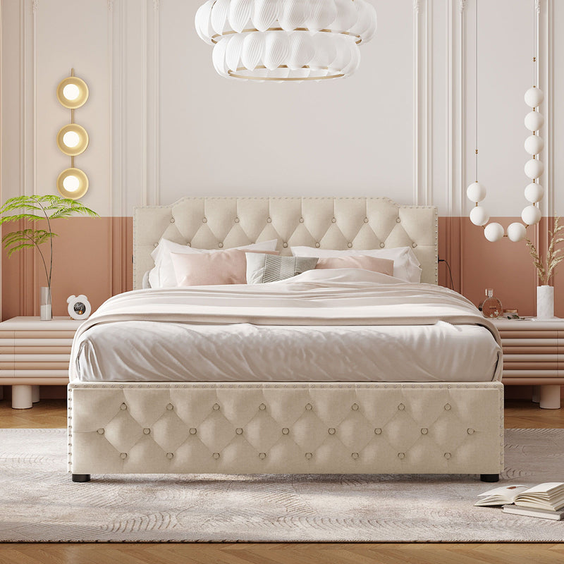 Upholstered Platform Bed With 2 Drawers And 2 Sets Of USB Ports On Each Side, Fabric - R&R Furniture Gallery (Fountain Valley, CA)
