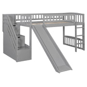 DreamHaus loft stairway bed with two drawers, convertible ladder, and slide for kids' bedroom, featuring a sturdy wooden frame.