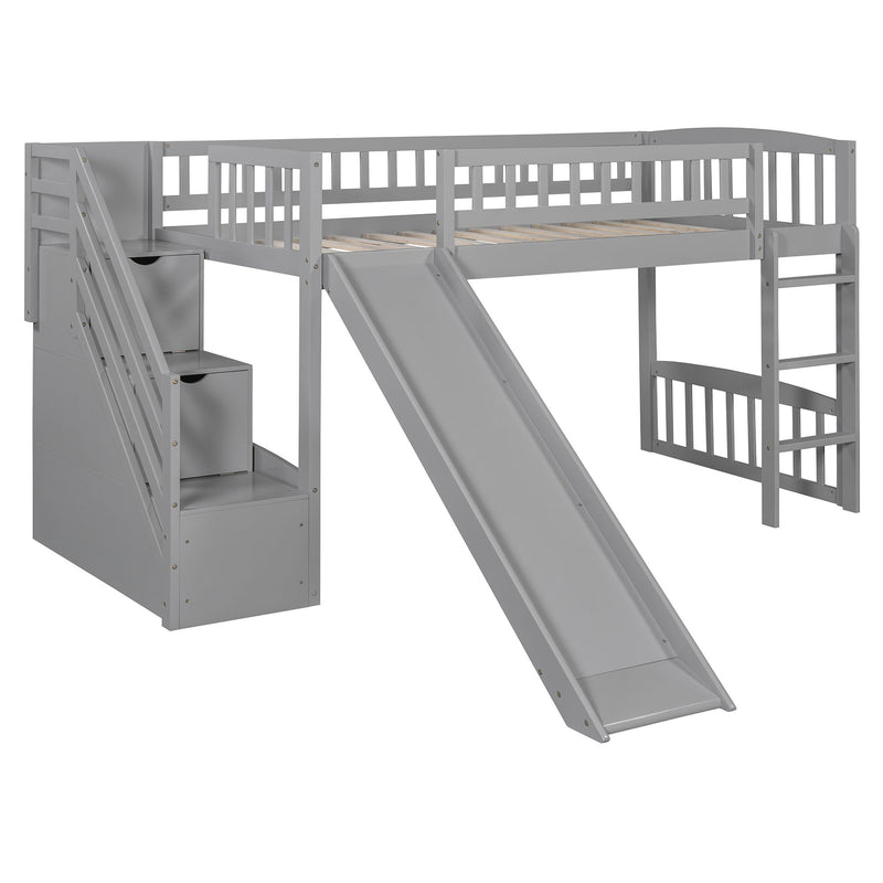 DreamHaus loft stairway bed with two drawers, convertible ladder, and slide for kids' bedroom, featuring a sturdy wooden frame.