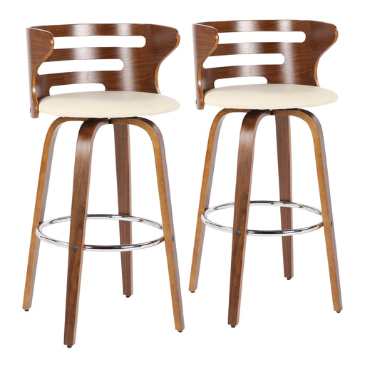 Set of two Lumi Source Cosini mid-century modern fixed height barstools with swivel, featuring sleek design and wooden legs.