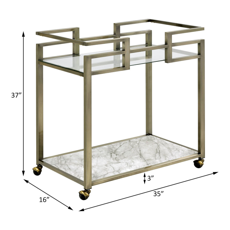 Neilo - Serving Cart - Clear Glass, Faux Marble Top & Wire Brass - R&R Furniture Gallery (Fountain Valley, CA)
