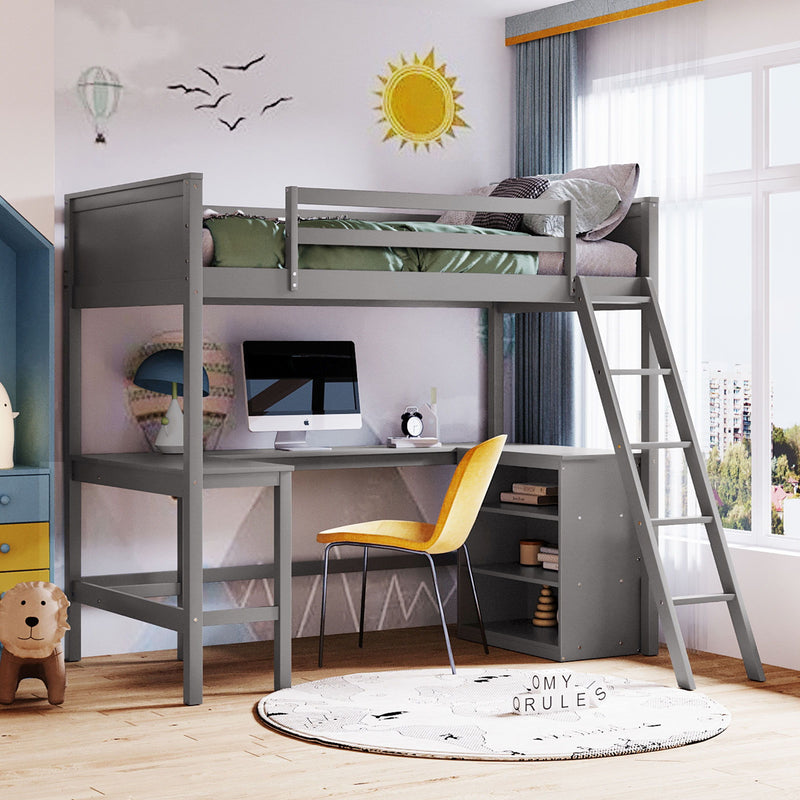 DreamHaus loft bed with integrated shelves and desk, showcasing a modern space-saving design for a child's or teen's bedroom.