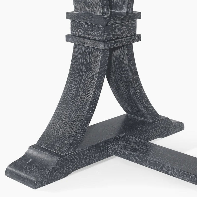 Rustic gray Devingo extendable dining table by Noble House, showing the table with extended leaves and sturdy wooden legs.