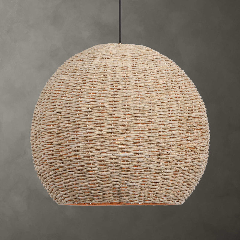 Light brown seagrass dome pendant light from Uttermost, showcasing a woven texture and sleek design for modern pendant lighting.