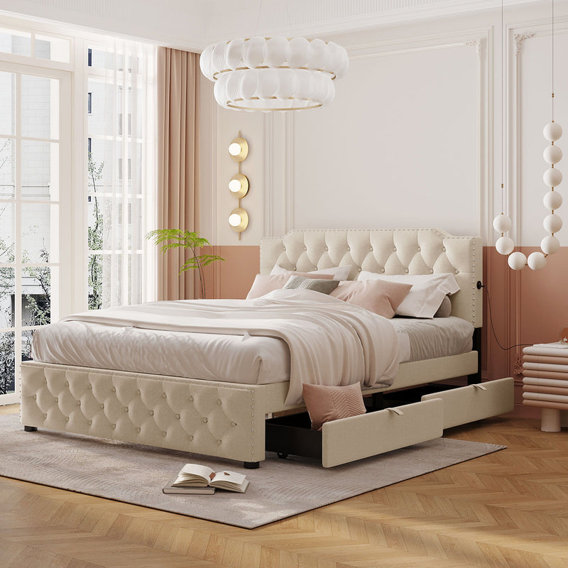 Upholstered Platform Bed With 2 Drawers And 2 Sets Of USB Ports On Each Side, Fabric - R&R Furniture Gallery (Fountain Valley, CA)
