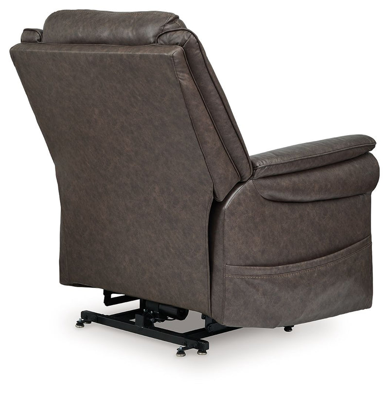 Signature Design by Ashley Oatman power lift recliner in rich fabric, showing the plush seating and adjustable backrest.