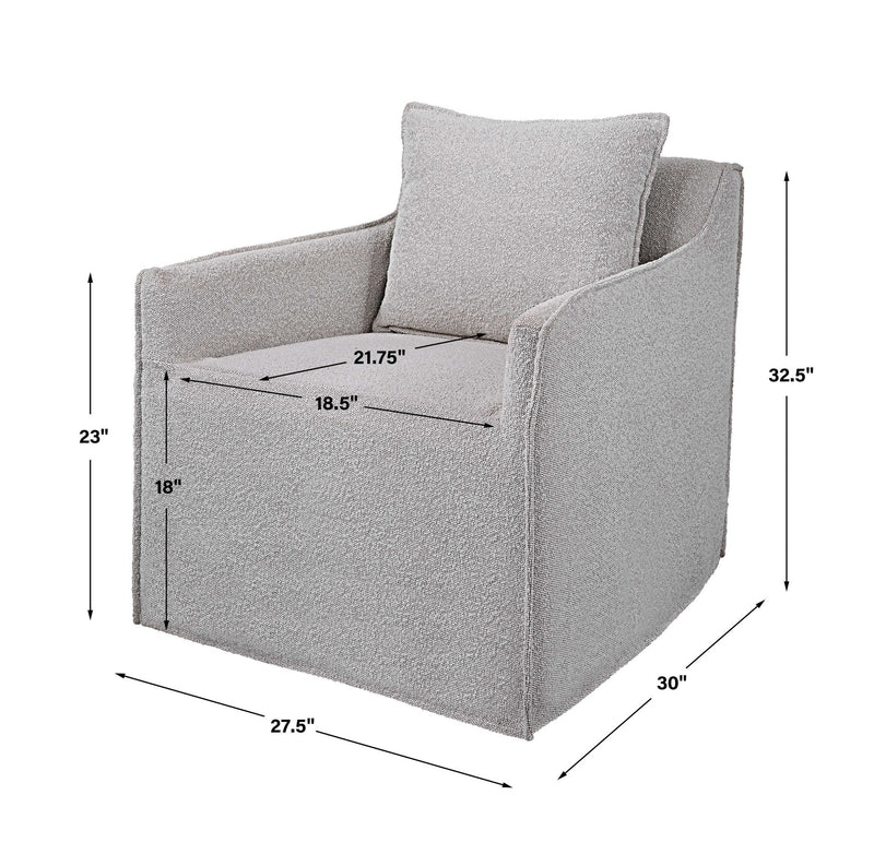 Gray Uttermost Welland swivel chair with a sleek modern design, featuring a cushioned seat and a sturdy base.