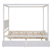 DreamHaus canopy platform bed with built-in drawers, support slats, and no box spring needed, shown in a modern bedroom setting.