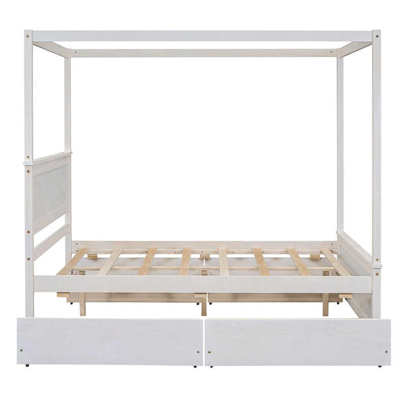 DreamHaus canopy platform bed with built-in drawers, support slats, and no box spring needed, shown in a modern bedroom setting.