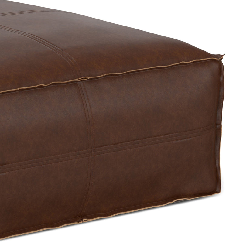 Large square Brody coffee table pouf by Simpli-Home, upholstered accent pouf with a soft fabric cover in a modern design.