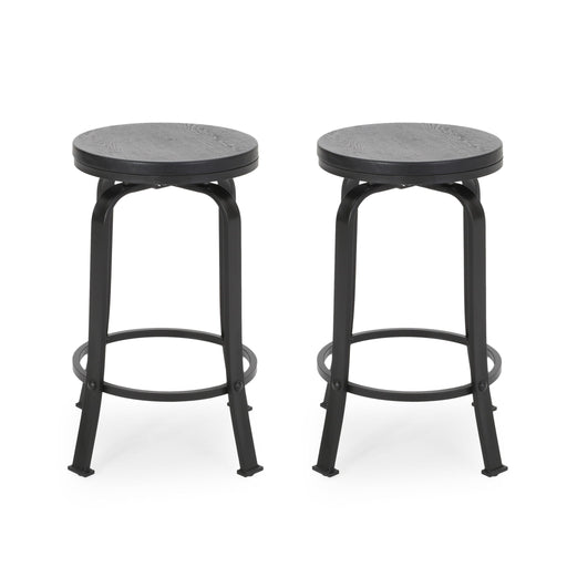 Modern industrial counter stool set with swivel seats by Noble House, featuring metal frames and wooden seats for stylish seating.