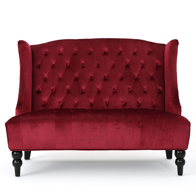 Noble House upholstered loveseat with wingback design, diamond tufting, and plush seating for a stylish, stationary living room accent.